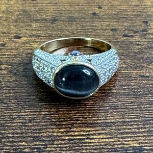 KIAM (Lia Sophia) Cat’s Eye Ring Grey Gold Crystal Pave Ornate Size 10